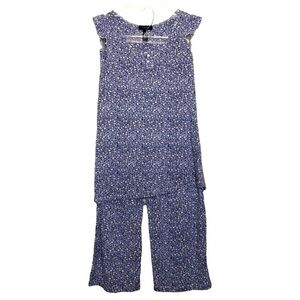 CHAPS Blue & White Calico Floral Print Short Sleeve Pajama PJ Set - Size Small